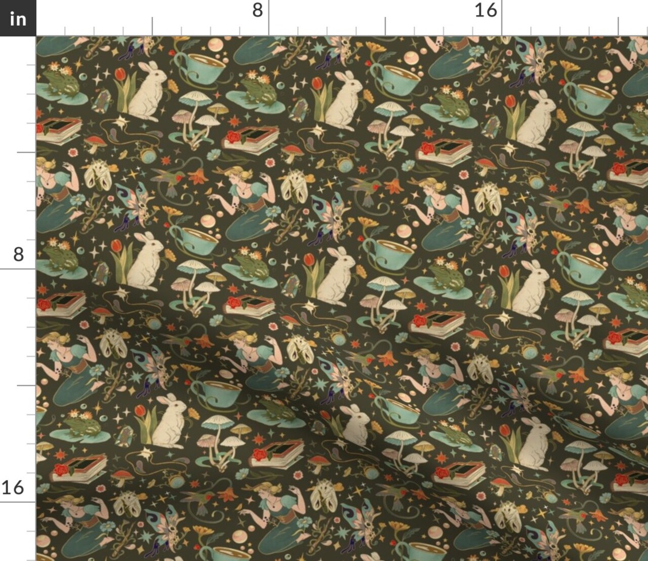 Multicolor Books Cottagecore Whimsical Story Time Nature Woodland Bunny Mushroom Frog Princess Custom Printed Fabric by Spoonflower Various Fabrics by the Yard or Fat Quarter